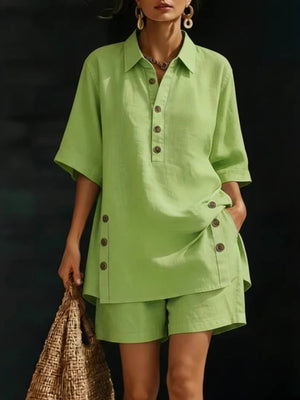 Casual Cotton Linen Shirt & Shorts Two-Piece Set