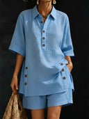 Casual Cotton Linen Shirt & Shorts Two-Piece Set