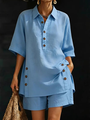 Casual Cotton Linen Shirt & Shorts Two-Piece Set