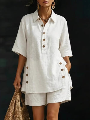Casual Cotton Linen Shirt & Shorts Two-Piece Set