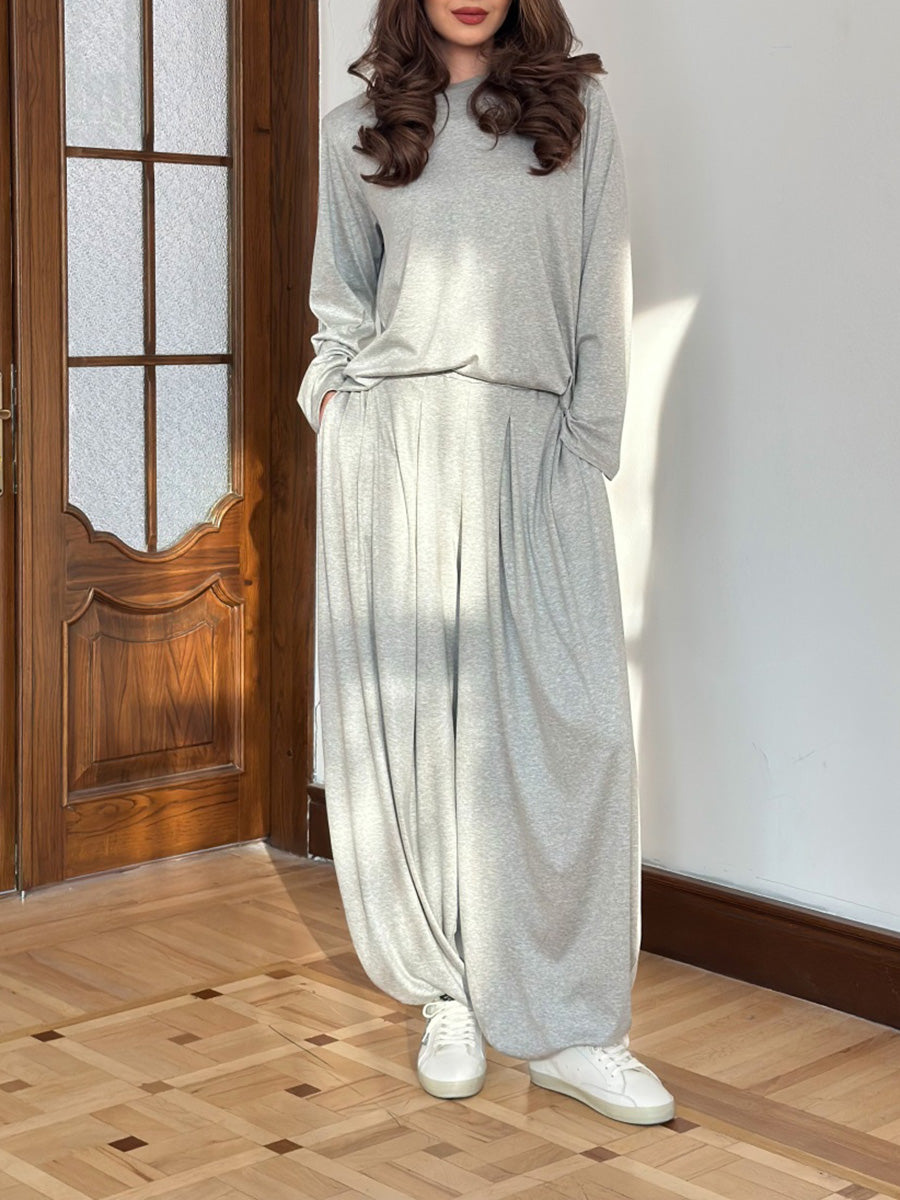 Casual Crew Neck Top & Wide-Leg Pants Set