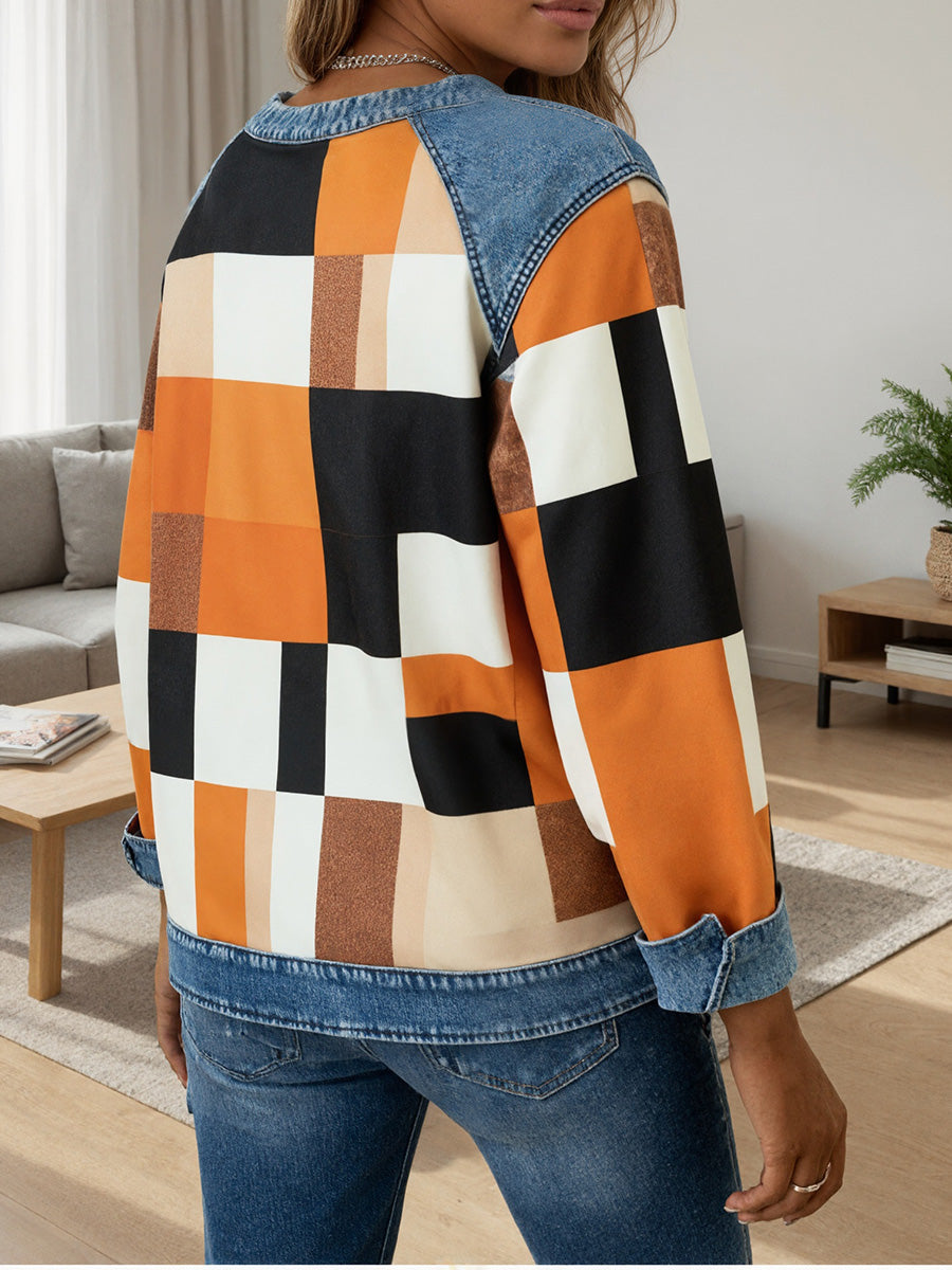 Casual Denim Patchwork Striped Top