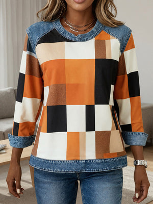 Casual Denim Patchwork Striped Top