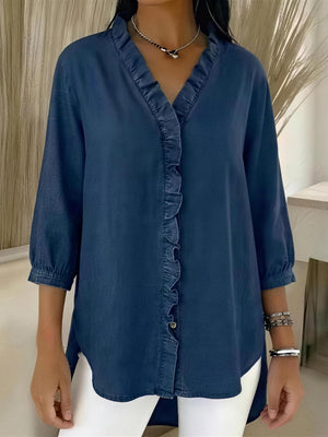 Casual Denim V-Neck Ruffle Top