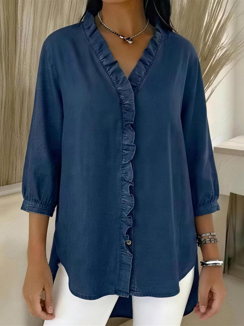 Casual Denim V-Neck Ruffle Top