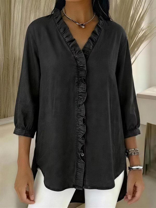 Casual Denim V-Neck Ruffle Top
