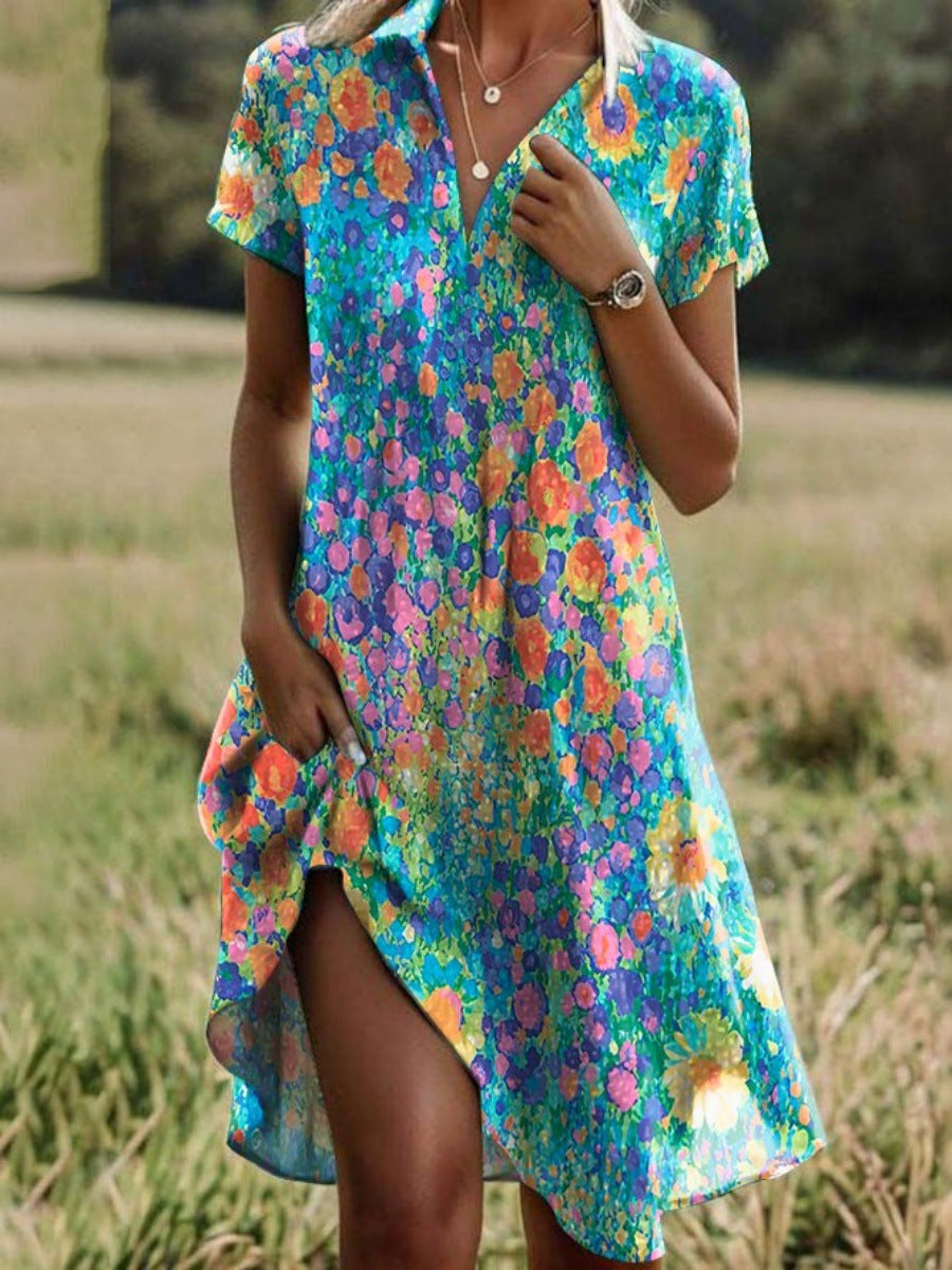 Casual Floral Short Sleeve Midi Dress