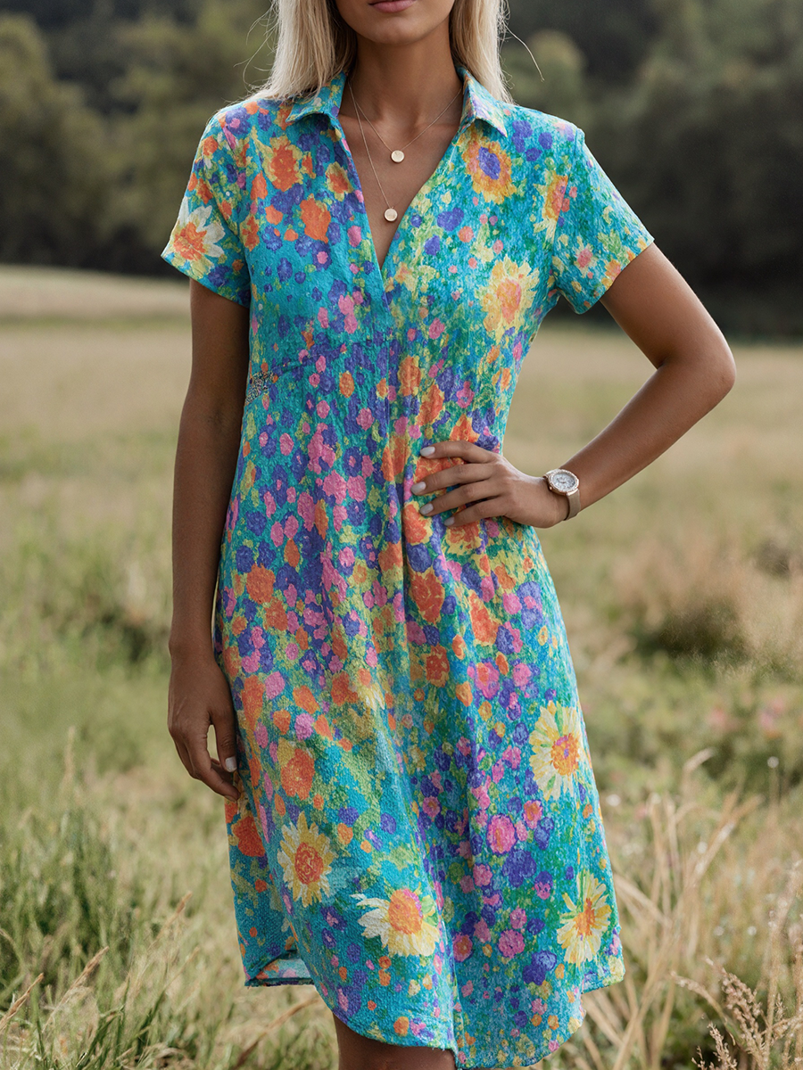 Casual Floral Short Sleeve Midi Dress
