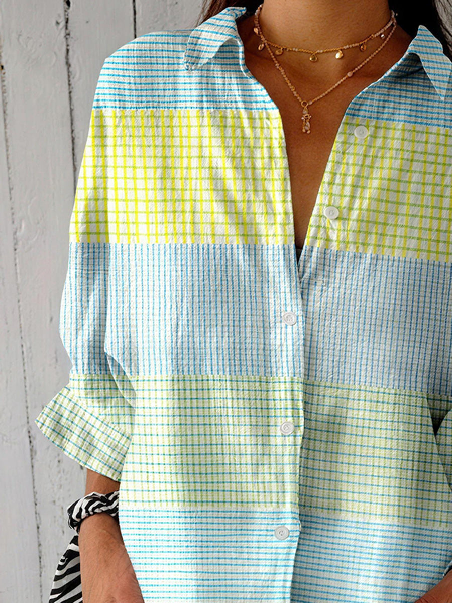 Casual Geometric Print Color-Block Blouse