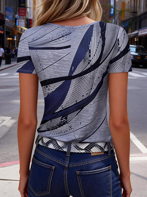 Casual Geometric Stripe Print Zipper T-Shirt