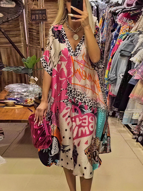 Casual Leopard-Print V-Neck Midi Dress