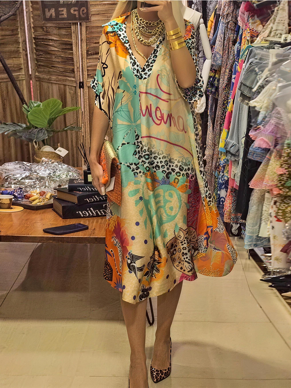 Casual Leopard-Print V-Neck Midi Dress