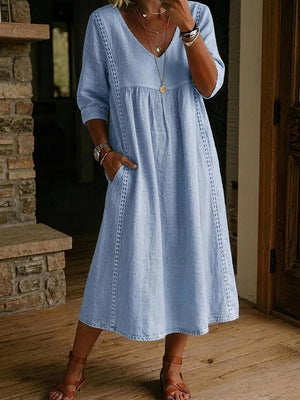 Casual Linen Cotton V-Neck Lace Trim Dress