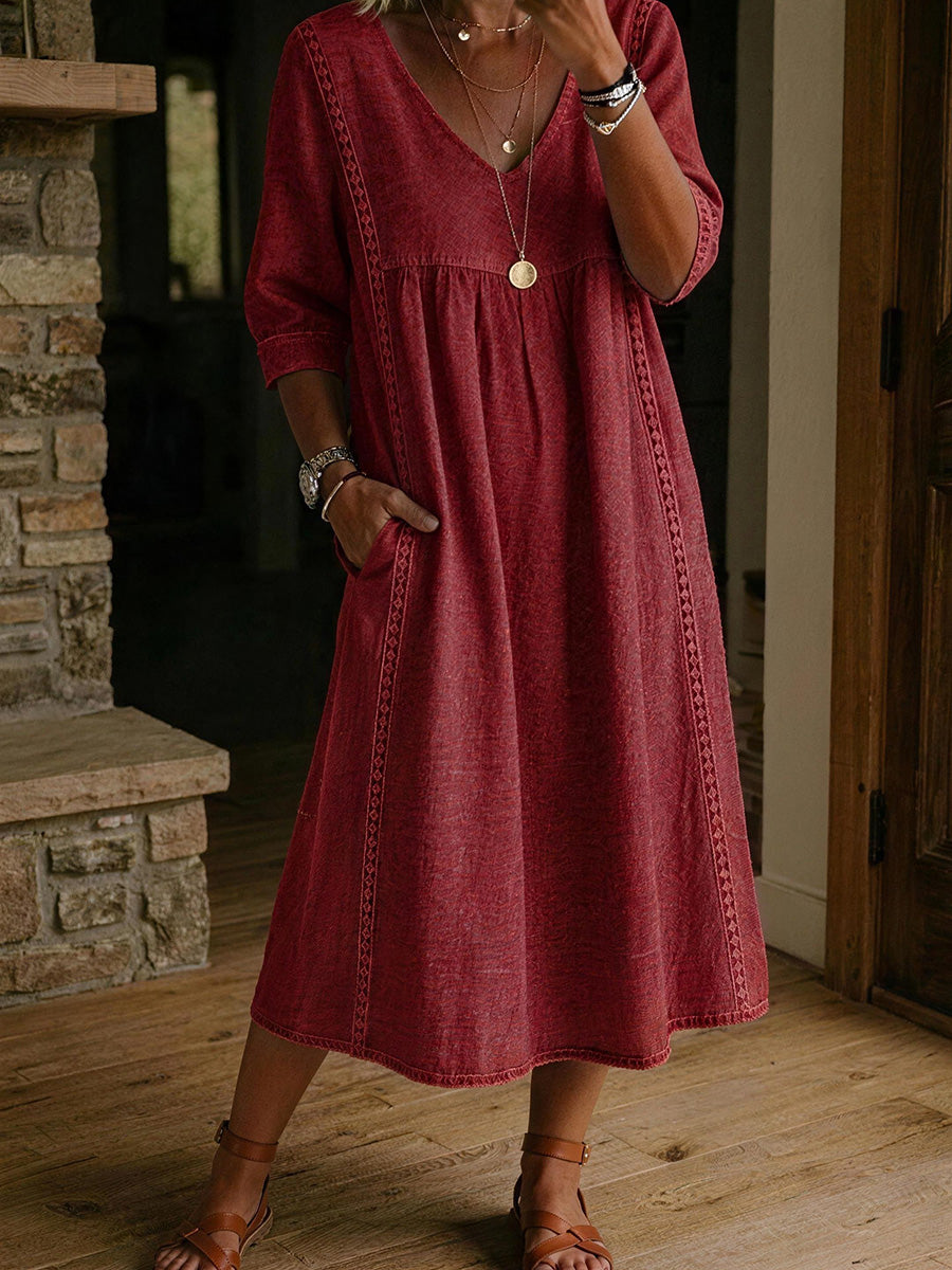 Casual Linen Cotton V-Neck Lace Trim Dress