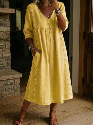 Casual Linen Cotton V-Neck Lace Trim Dress