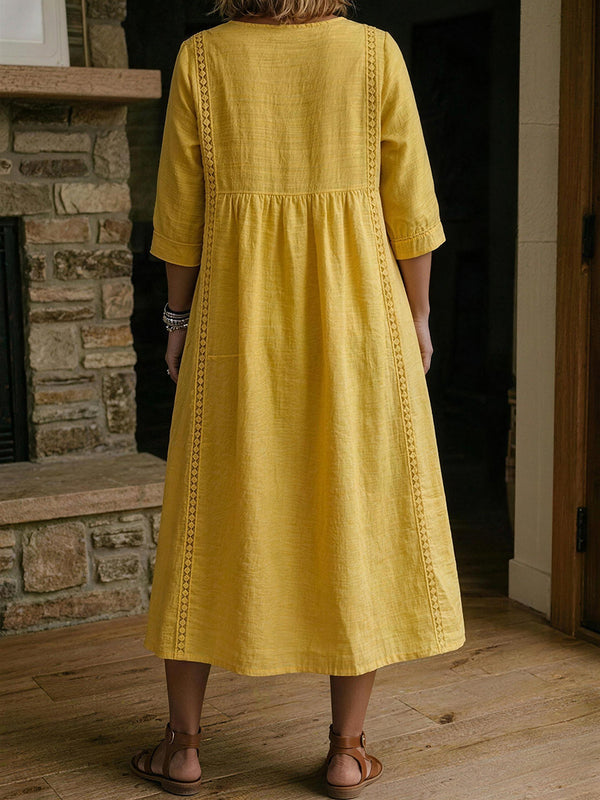 Casual Linen Cotton V-Neck Lace Trim Dress