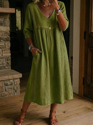 Casual Linen Cotton V-Neck Lace Trim Dress
