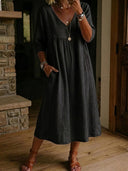 Casual Linen Cotton V-Neck Lace Trim Dress