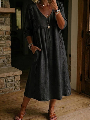 Casual Linen Cotton V-Neck Lace Trim Dress