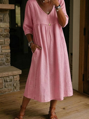 Casual Linen Cotton V-Neck Lace Trim Dress