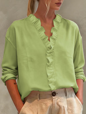 Casual Long-Sleeve Ruffled V-Neck Blouse