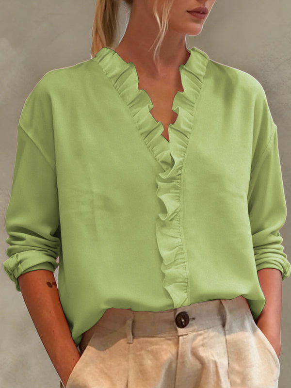 Casual Long-Sleeve Ruffled V-Neck Blouse