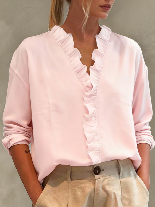 Casual Long-Sleeve Ruffled V-Neck Blouse