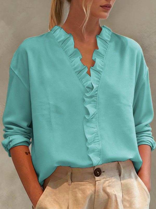 Casual Long-Sleeve Ruffled V-Neck Blouse