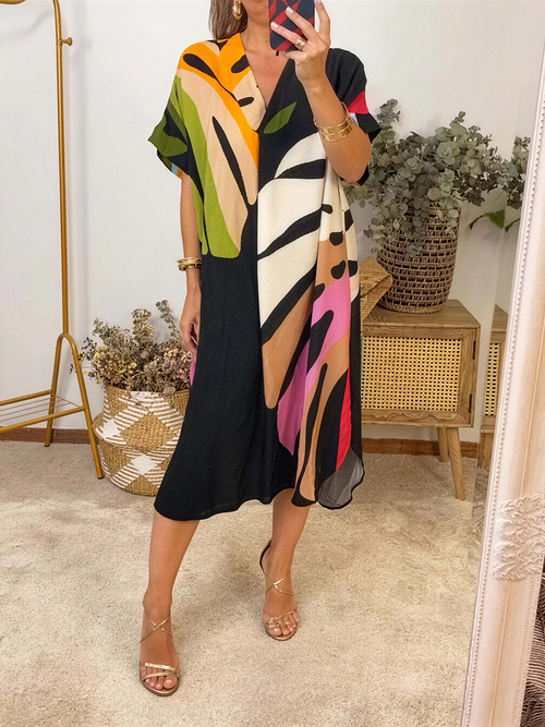 Casual Print V-Neck Midi Dress