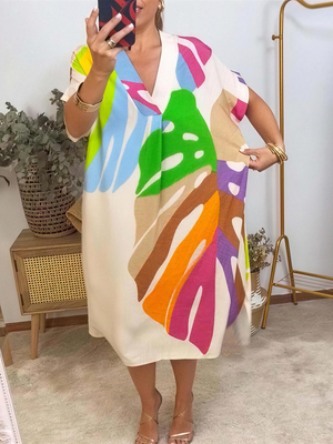 Casual Print V-Neck Midi Dress