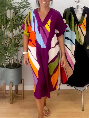 Casual Print V-Neck Midi Dress