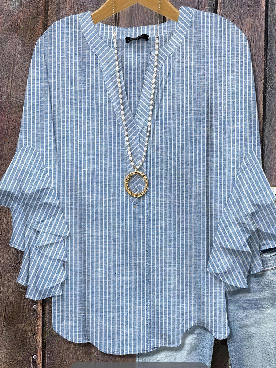 Casual Printed V-Neck Ruffle Sleeve Blouse