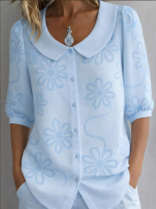 Casual Retro Floral Print Mid-Sleeve Blouse