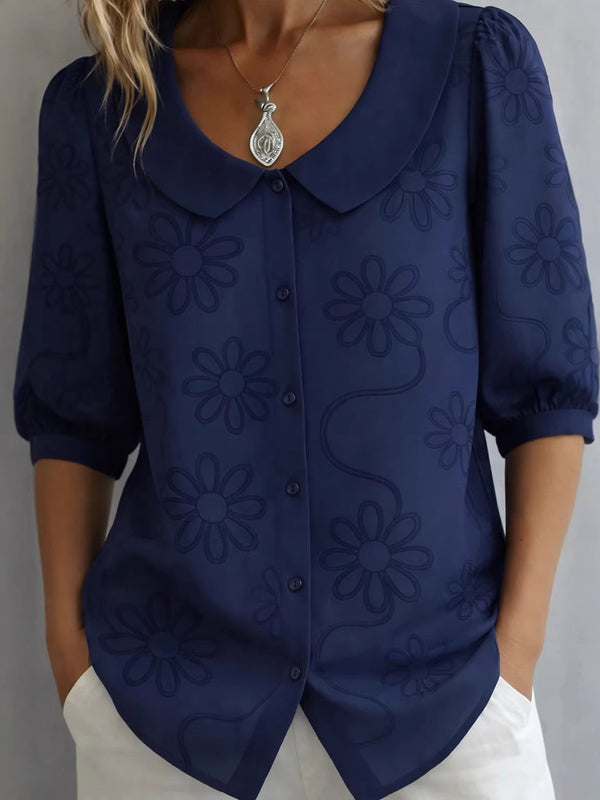 Casual Retro Floral Print Mid-Sleeve Blouse