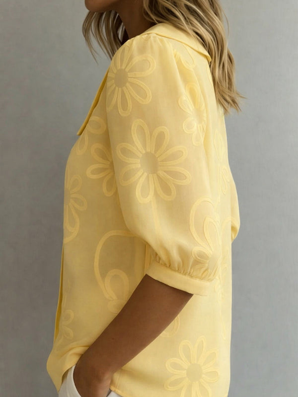 Casual Retro Floral Print Mid-Sleeve Blouse