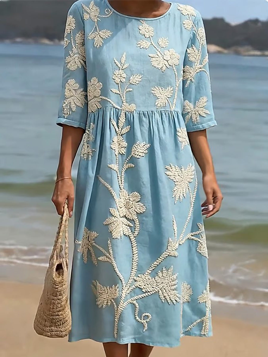 Casual Round Neck Mid Sleeve Print Dress