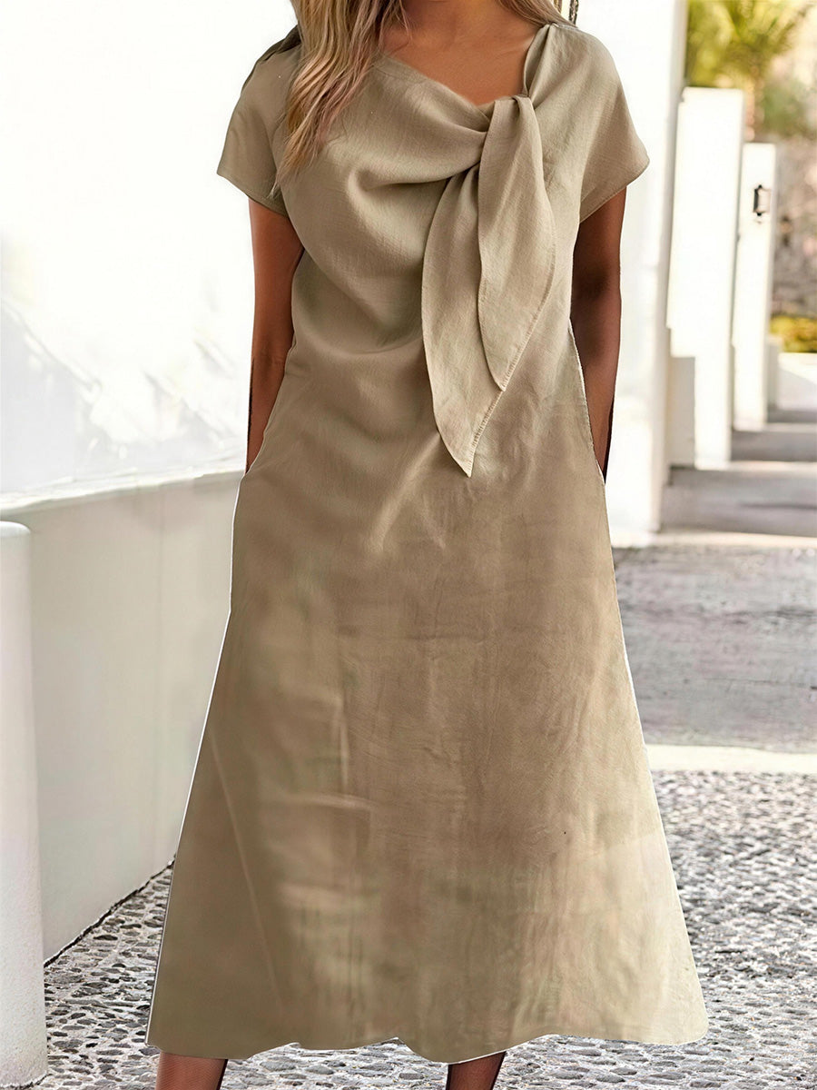 Casual Round Neck Tie Detail Linen Maxi Dress