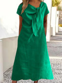 Casual Round Neck Tie Detail Linen Maxi Dress
