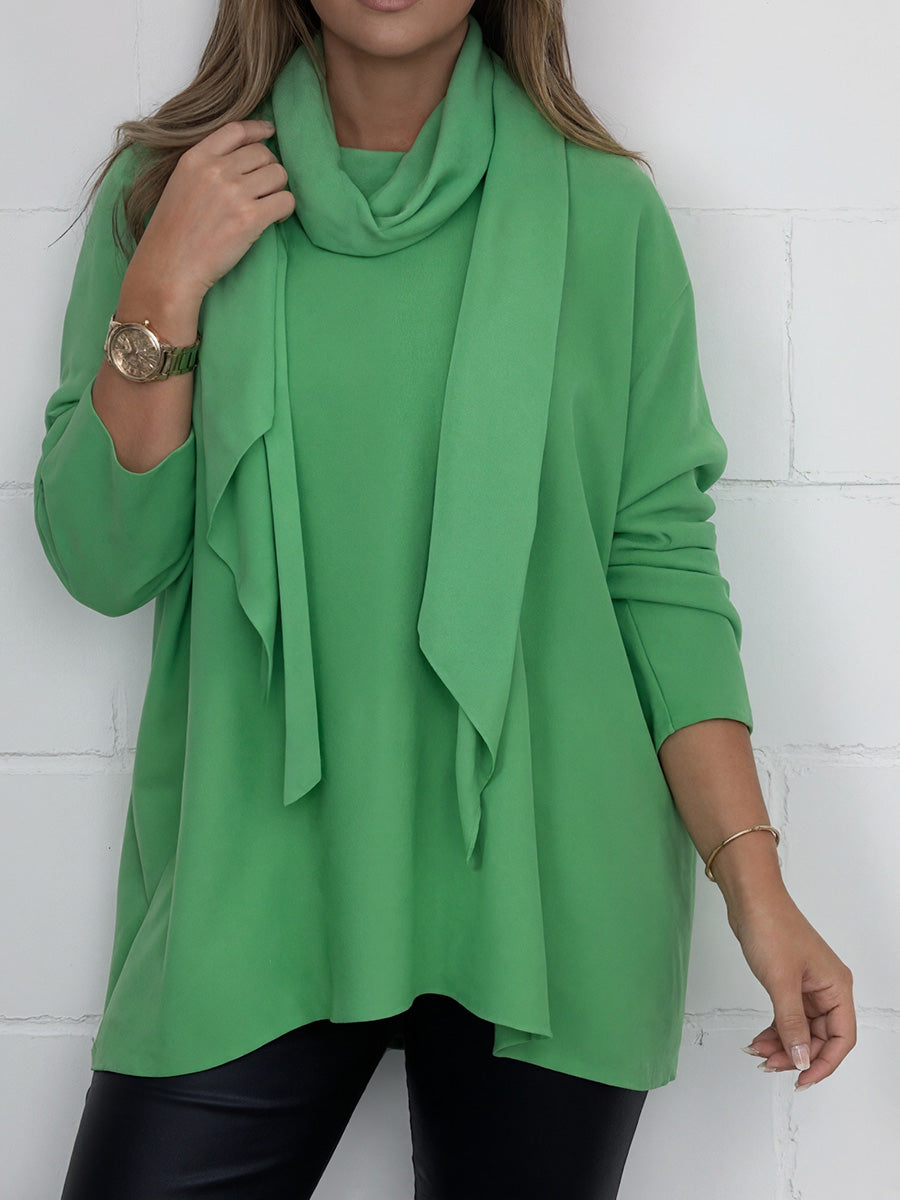 Casual Solid-Color Long-Sleeve & Scarf Top