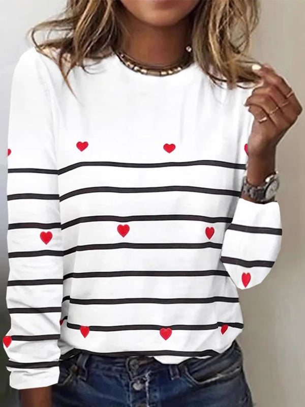 Casual Striped Heart Print Long-Sleeve Top