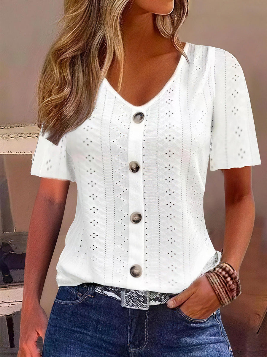 Casual V-Neck Button Top