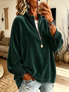 Casual Velvet Zip Collar Top