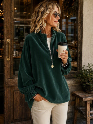 Casual Velvet Zip Collar Top