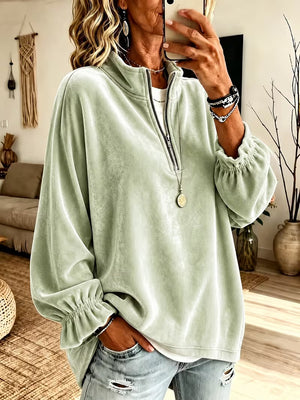 Casual Velvet Zip Collar Top