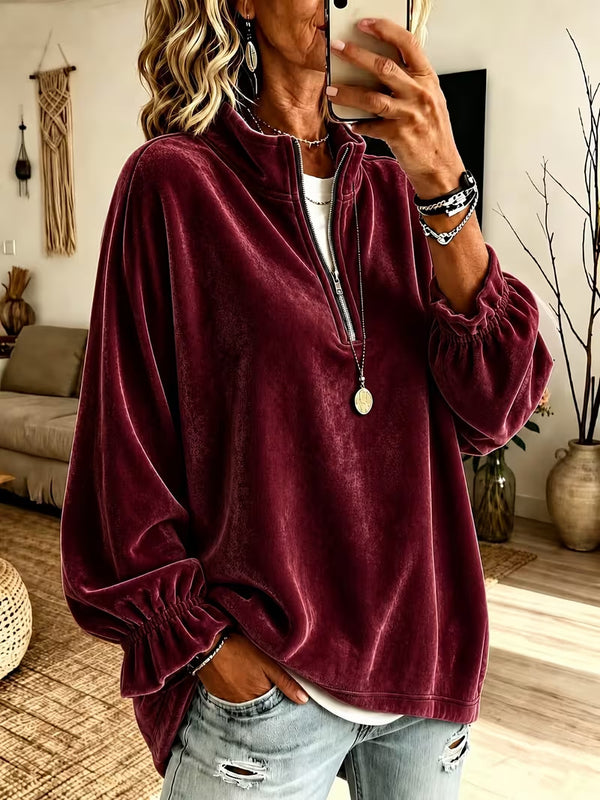 Casual Velvet Zip Collar Top
