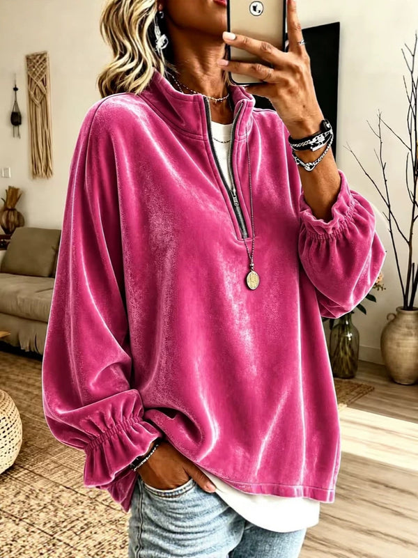 Casual Velvet Zip Collar Top