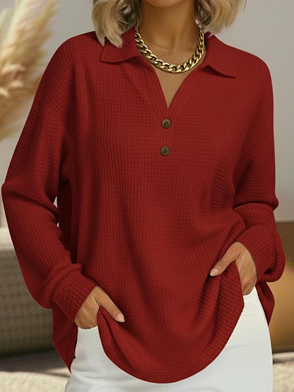 Casual Waffle Texture Button-Up Long Sleeve Top
