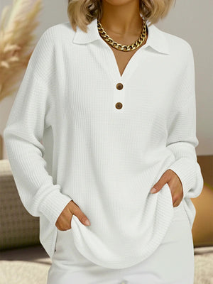 Casual Waffle Texture Button-Up Long Sleeve Top