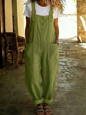 Causal Solid-Color Cotton-Linen Jumpsuit
