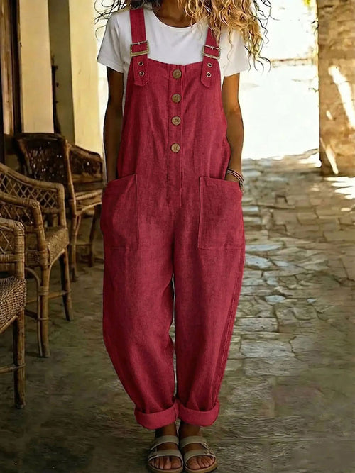 Causal Solid-Color Cotton-Linen Jumpsuit